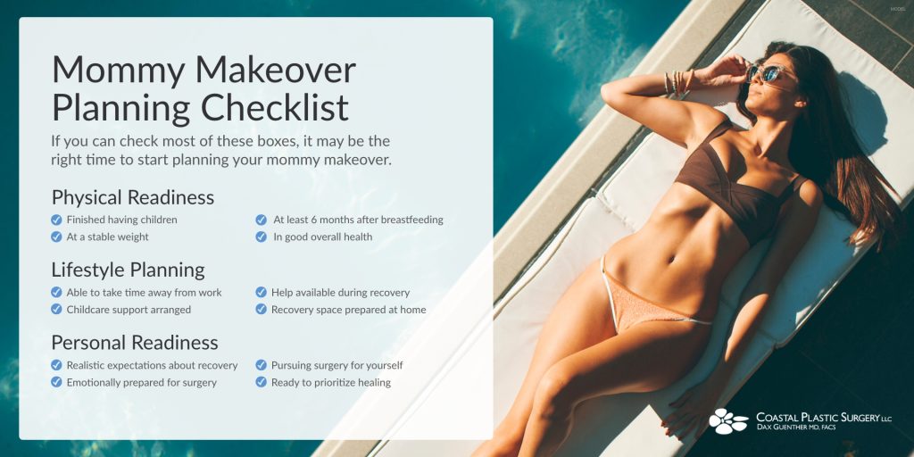 Infographic from Coastal Plastic Surgery of a mommy makeover planning checklist including physical readiness, lifestyle planning, and personal readiness.